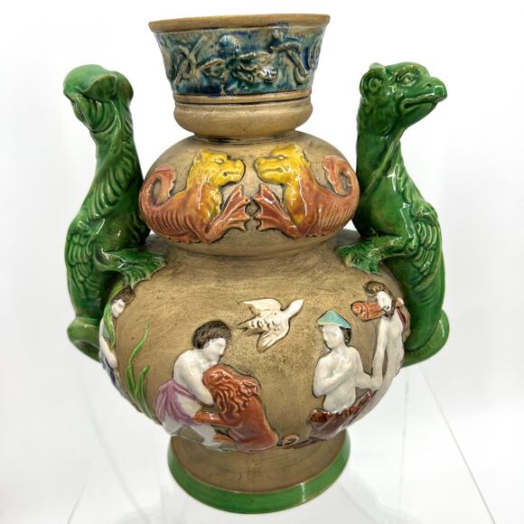 Czecho-Slovakia Erphila Art Pottery Vase Dragon Double Handles Czechosloval 858 - Picture 1 of 13